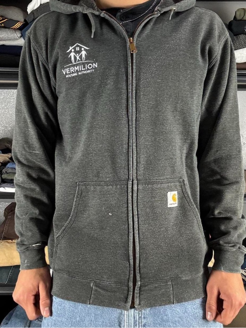 Carhartt Men's Charcoal Gray Full-Zip Hoodie with Vermilion Logo